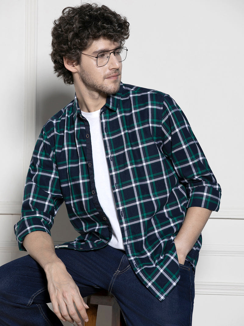 Men's Navy Tartan Checks Casual Cotton Shirt