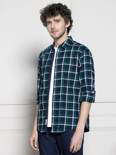 Men's Navy Tartan Checks Casual Cotton Shirt