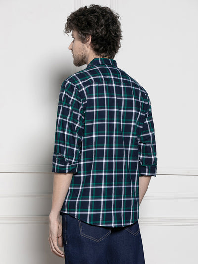 Men's Navy Tartan Checks Casual Cotton Shirt