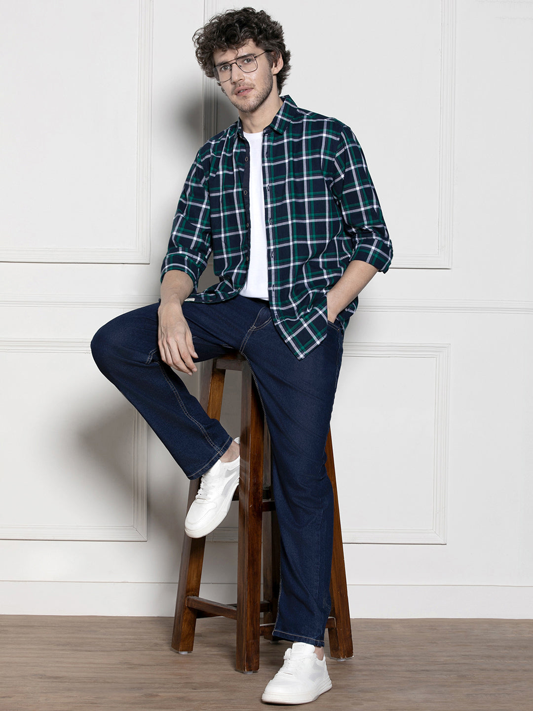 Men's Navy Tartan Checks Casual Cotton Shirt