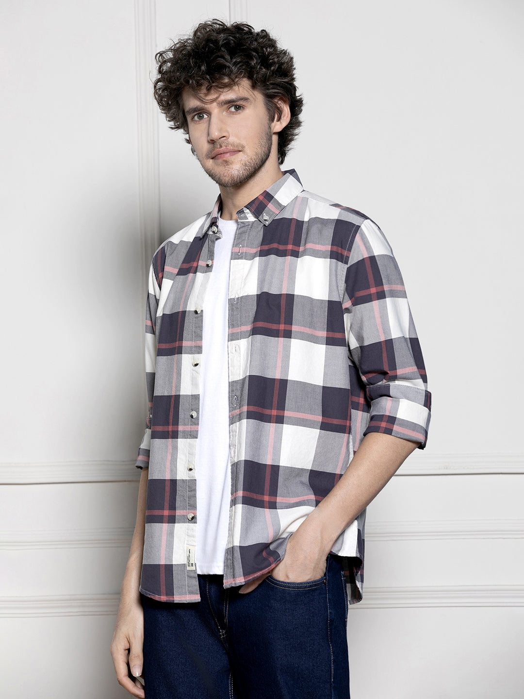 Men's Navy Blue Tartan Checks Casual Cotton Shirt