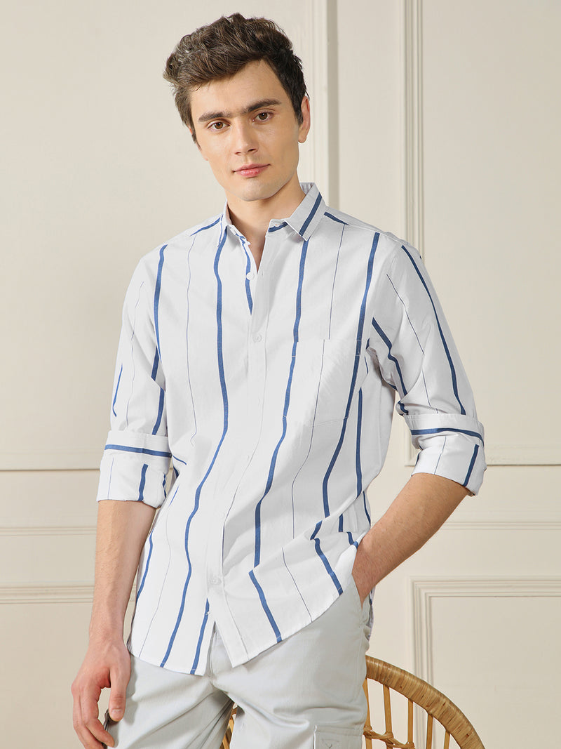 Men's White 100% Cotton Striped Casual Shirt