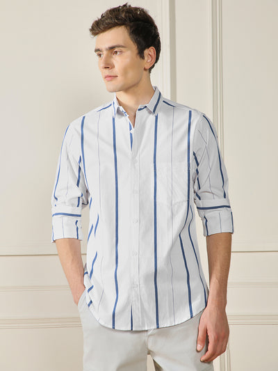 Men's White 100% Cotton Striped Casual Shirt