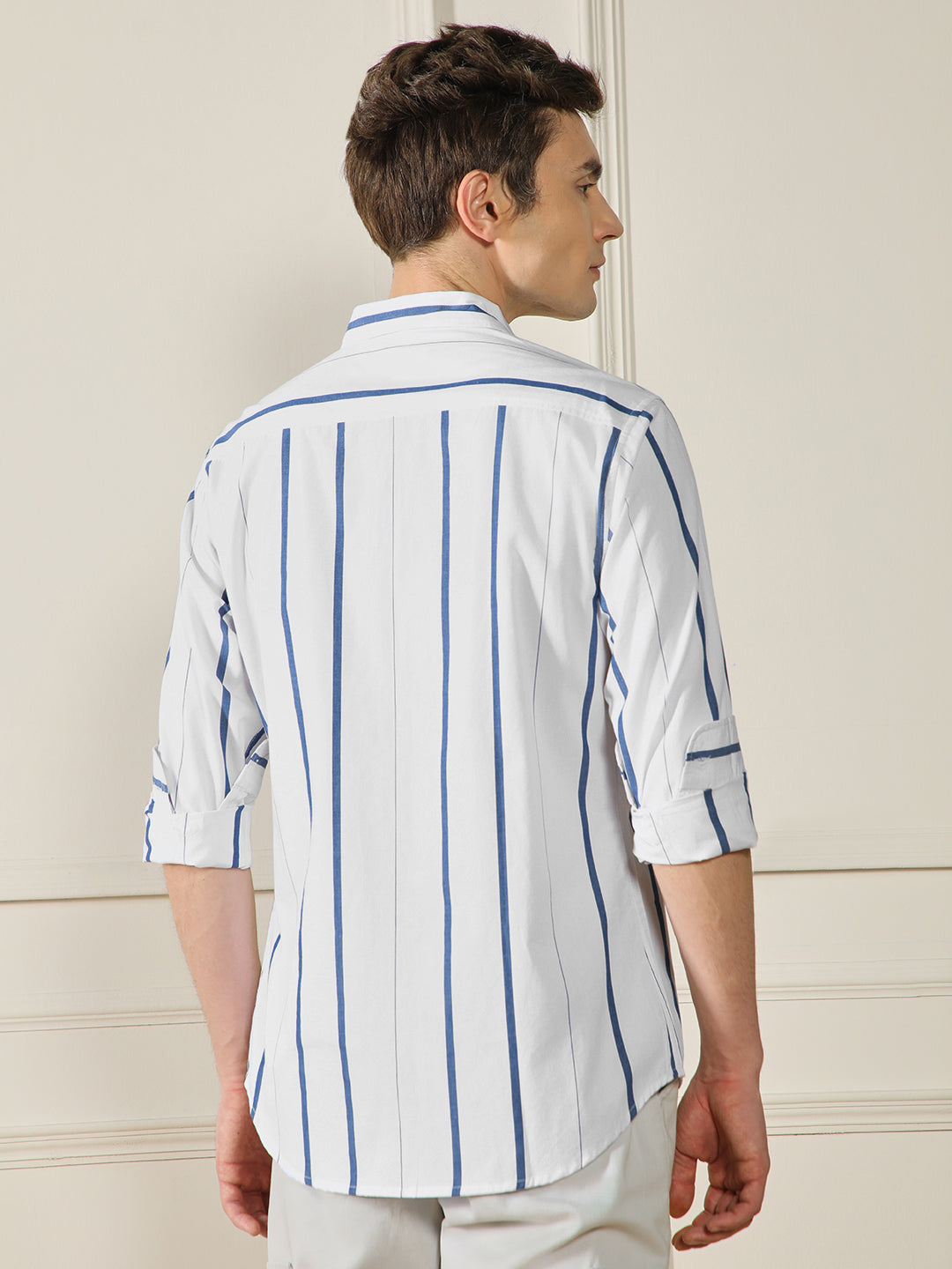 Men's White 100% Cotton Striped Casual Shirt