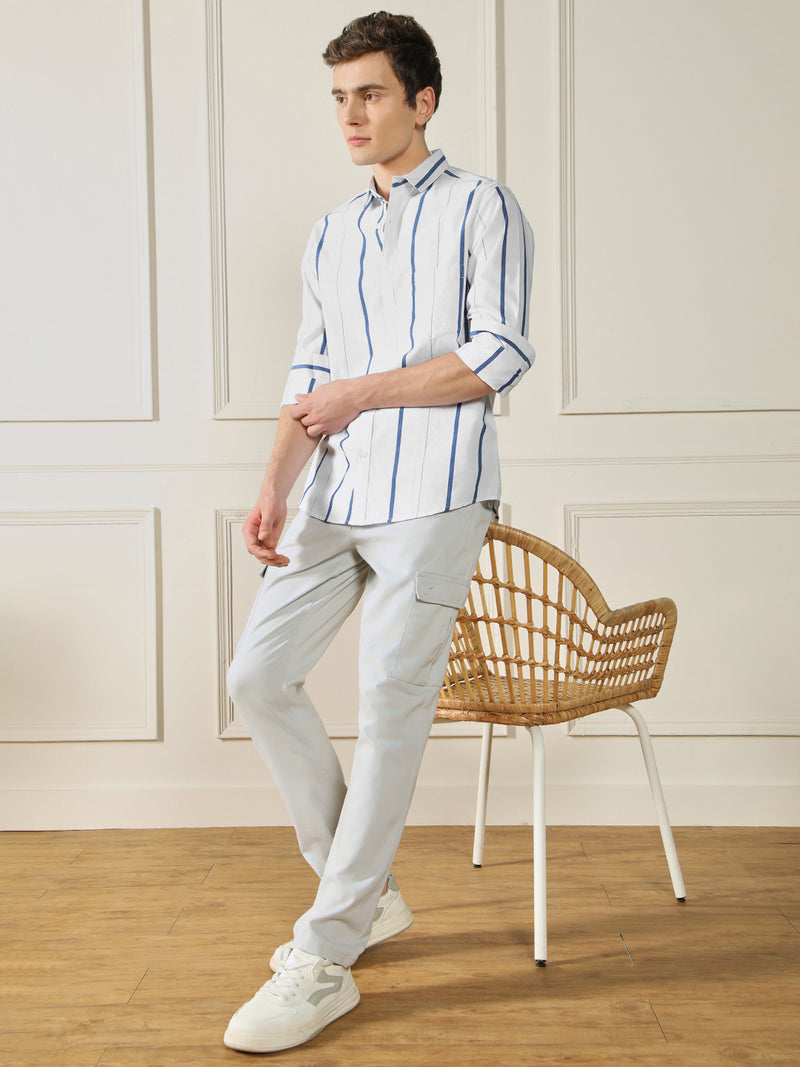 Men's White 100% Cotton Striped Casual Shirt