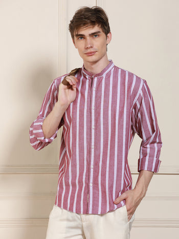 Men's Red Cotton Striped Mandarin collar Casual Shirt