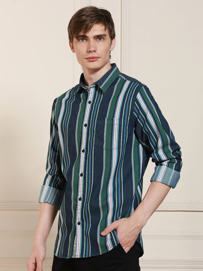 Men's Navy Cotton Striped Spread Collar Casual Shirt