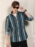 Men's Navy Cotton Striped Spread Collar Casual Shirt