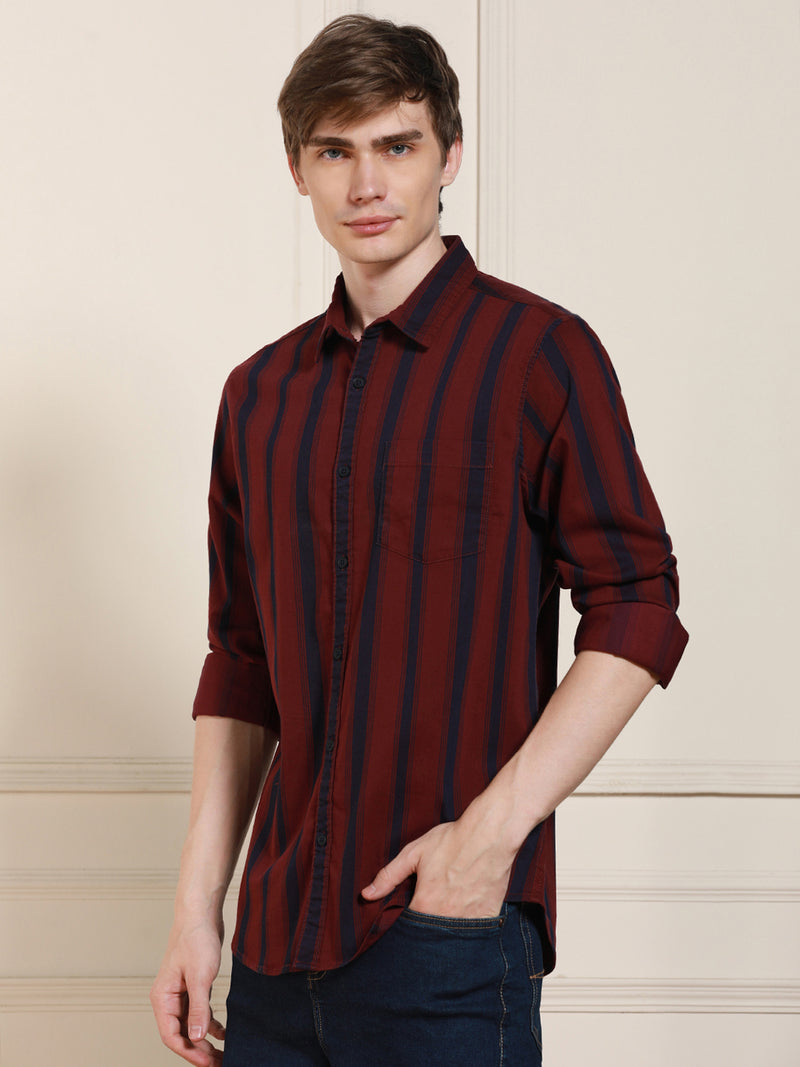 Men's Red Cotton Striped Spread Collar Casual Shirt