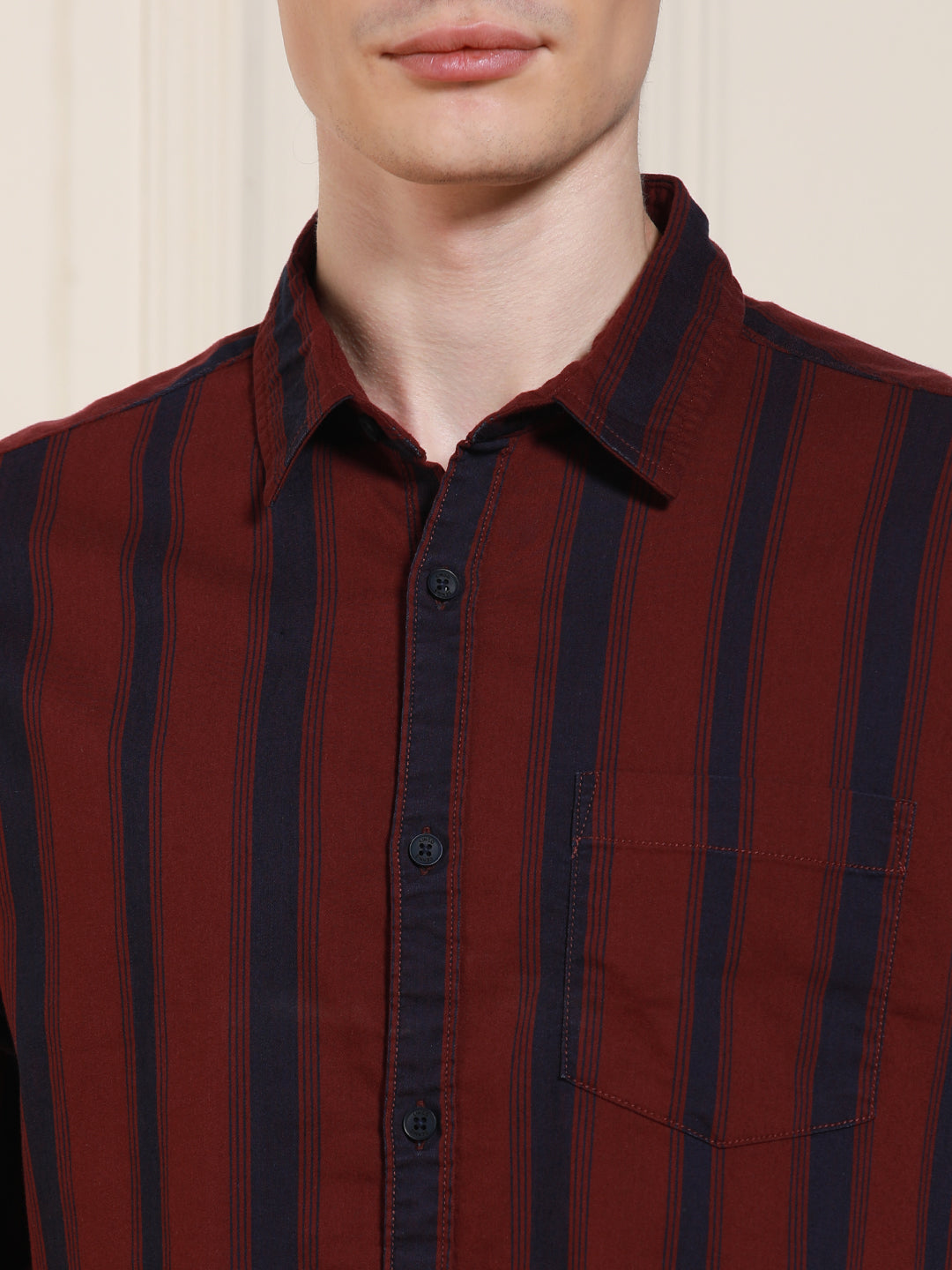 Men's Red Cotton Striped Spread Collar Casual Shirt