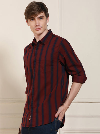 Men's Red Cotton Striped Spread Collar Casual Shirt