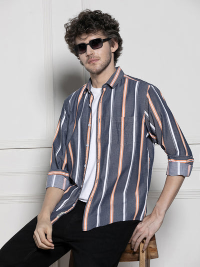 Men's Navy blue Striped Casual Cotton Shirt