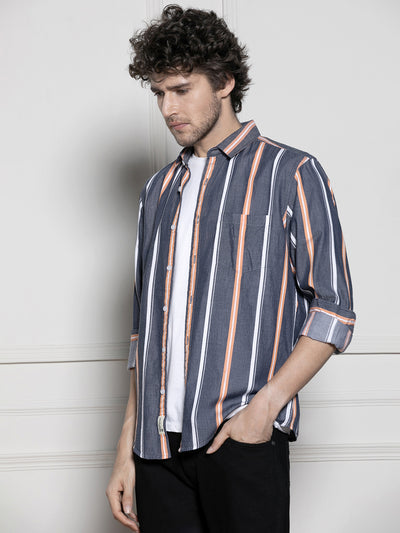 Men's Navy blue Striped Casual Cotton Shirt