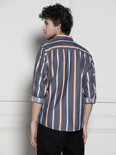 Men's Navy blue Striped Casual Cotton Shirt