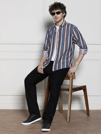 Men's Navy blue Striped Casual Cotton Shirt