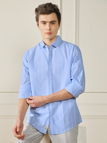 Men's Button Down Collar Regular Fit Stripes Blue Cotton Linen Shirt