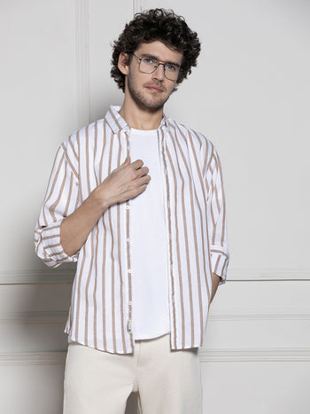 Men's Khaki Vertical Striped Casual Cotton Shirt