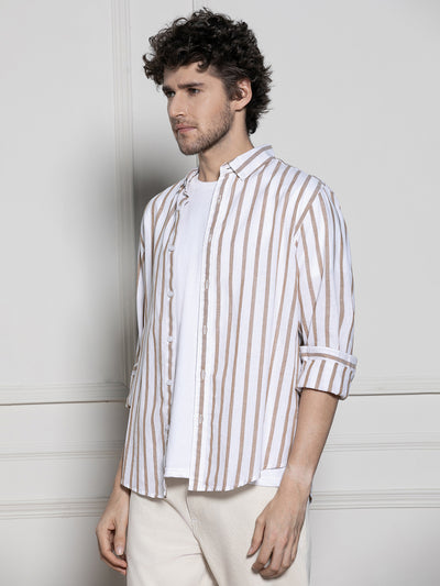 Men's Khaki Vertical Striped Casual Cotton Shirt