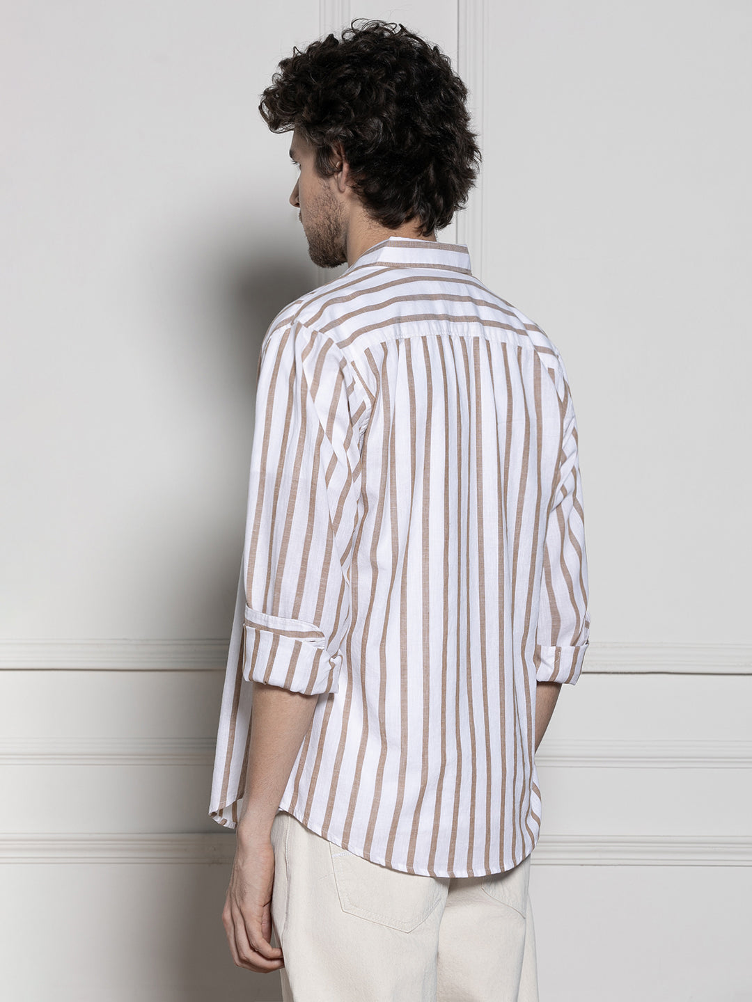 Men's Khaki Vertical Striped Casual Cotton Shirt