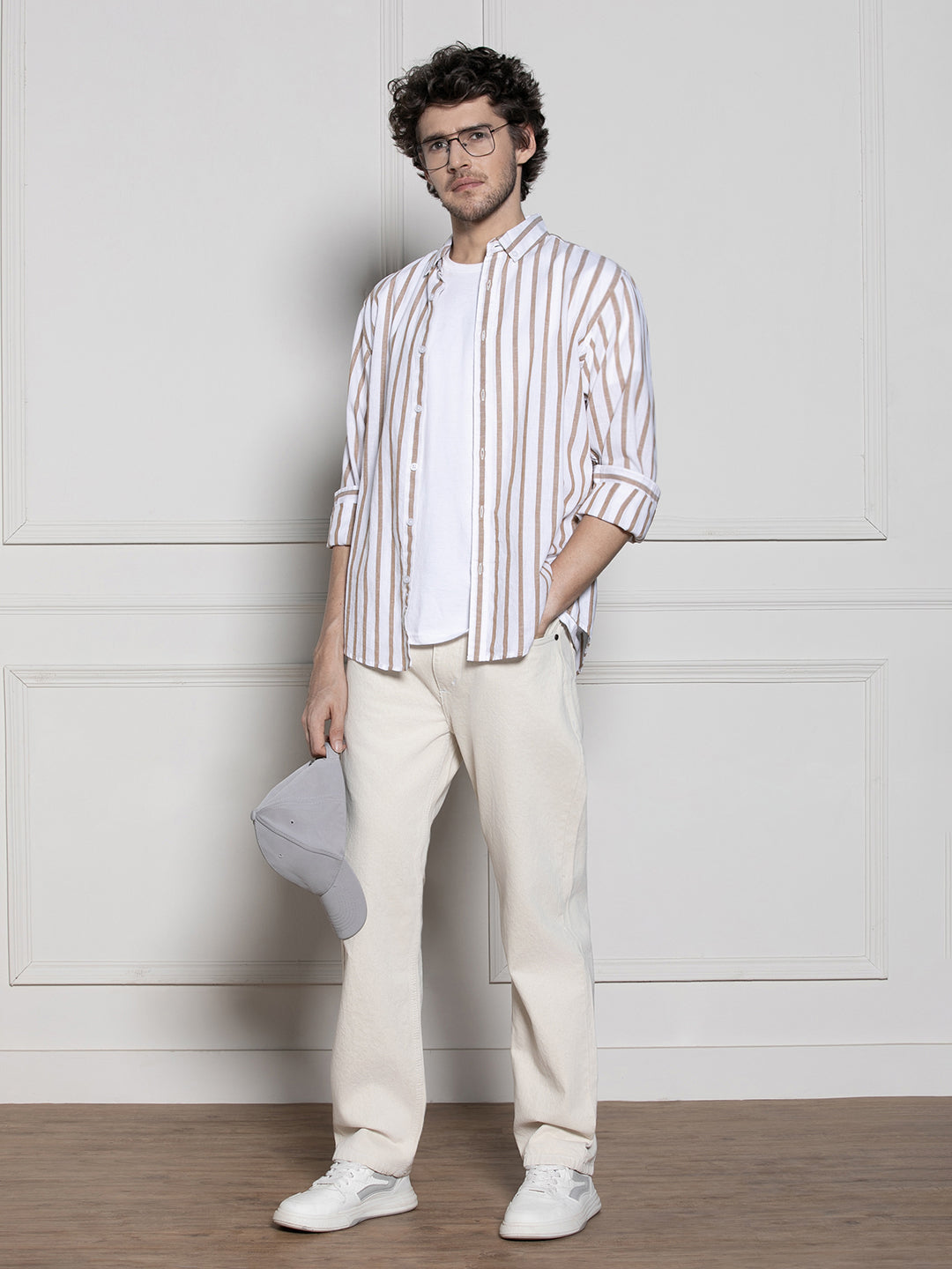 Men's Khaki Vertical Striped Casual Cotton Shirt