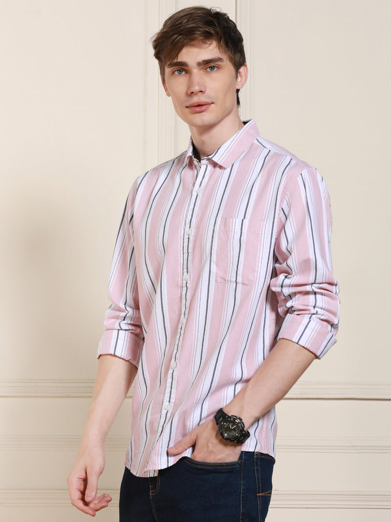 Men's Pink Cotton Striped Spread Collar Casual Shirt