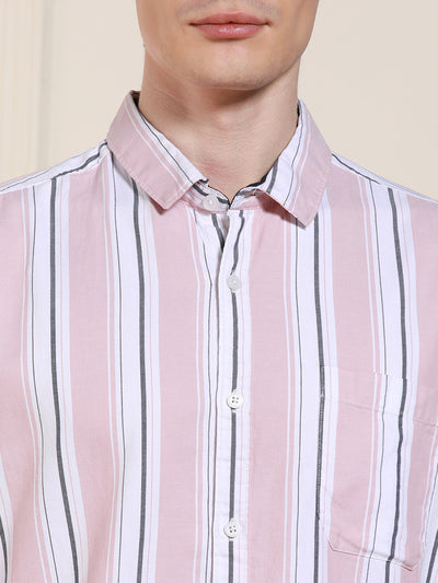 Men's Pink Cotton Striped Spread Collar Casual Shirt