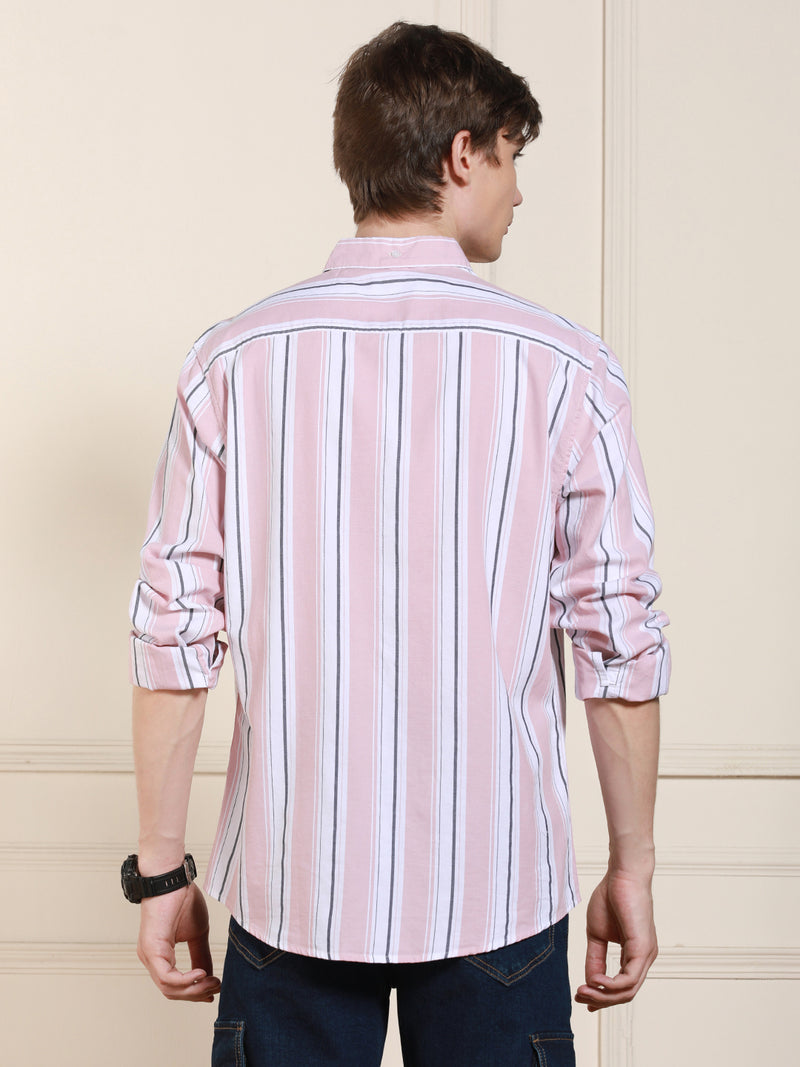 Men's Pink Cotton Striped Spread Collar Casual Shirt