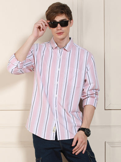 Men's Pink Cotton Striped Spread Collar Casual Shirt