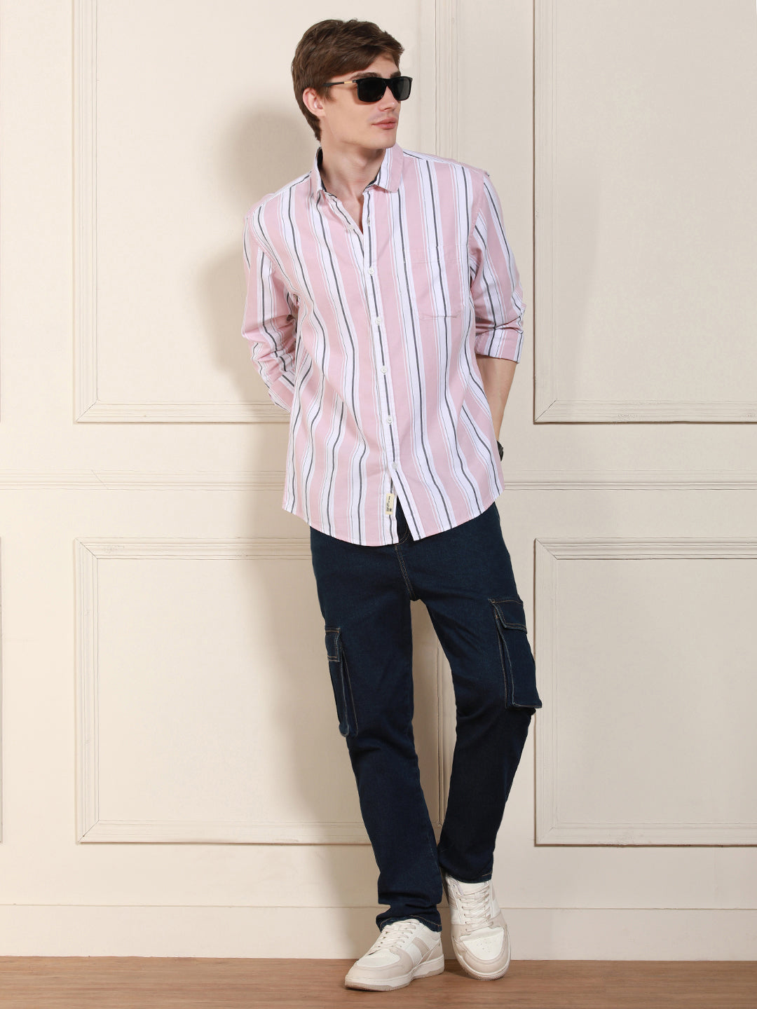 Men's Pink Cotton Striped Spread Collar Casual Shirt