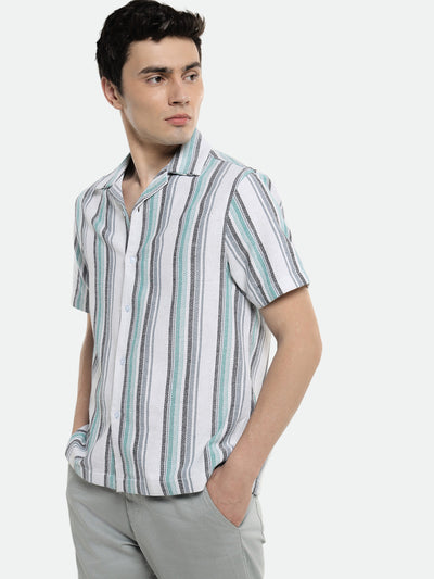 Dennis Lingo Men's Cuban Collar Regular Fit Stripes Blue Casual Shirt