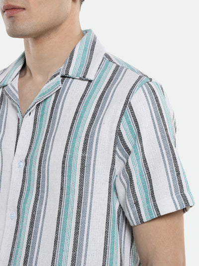 Dennis Lingo Men's Cuban Collar Regular Fit Stripes Blue Casual Shirt