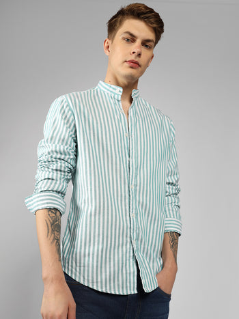 Men's Green Striped Mandarin Collar Full sleeve Regular Fit Shirt