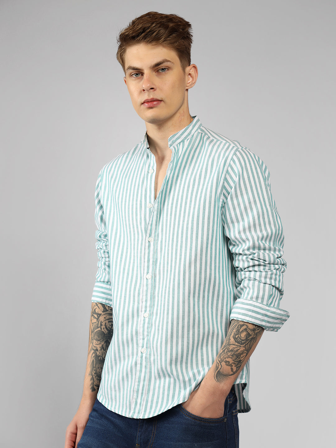 Men's Green Striped Mandarin Collar Full sleeve Regular Fit Shirt