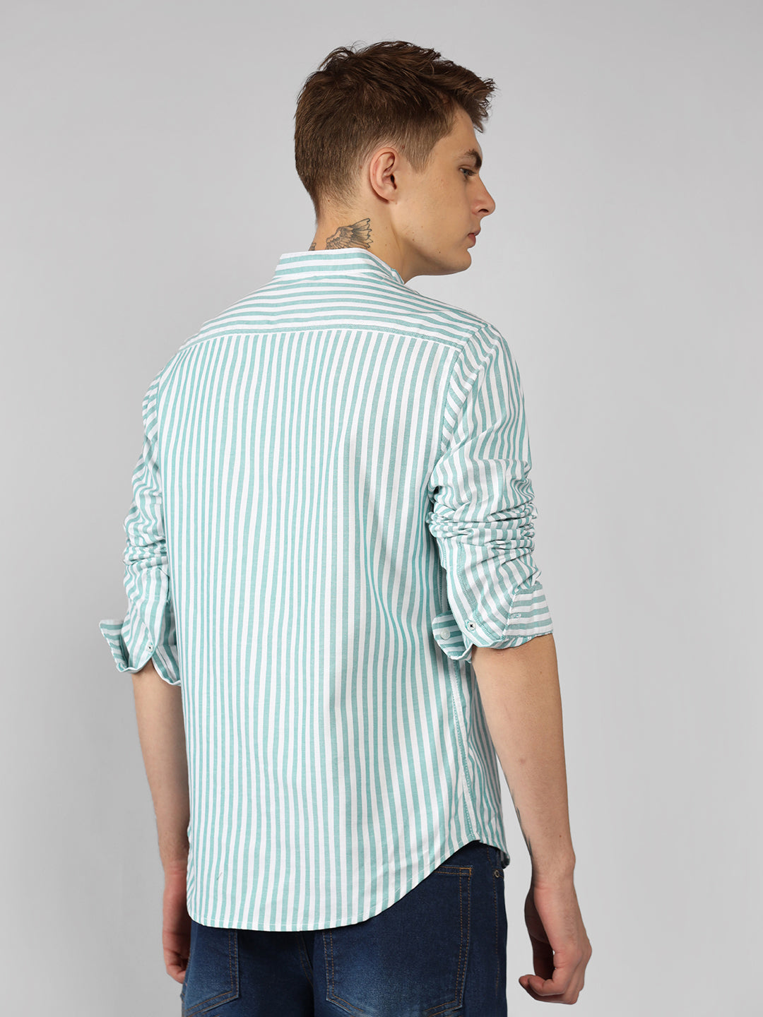 Men's Green Striped Mandarin Collar Full sleeve Regular Fit Shirt