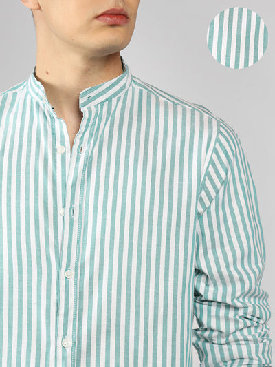 Men's Green Striped Mandarin Collar Full sleeve Regular Fit Shirt