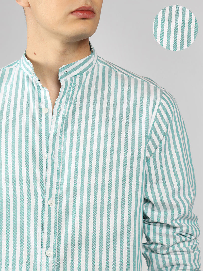 Men's Green Striped Mandarin Collar Full sleeve Regular Fit Shirt