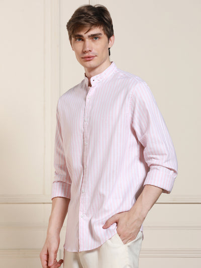 Men's Pink Cotton Striped Mandarin Collar Casual Shirt