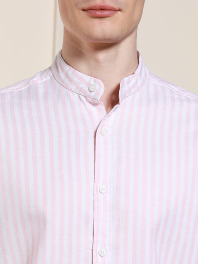 Men's Pink Cotton Striped Mandarin Collar Casual Shirt