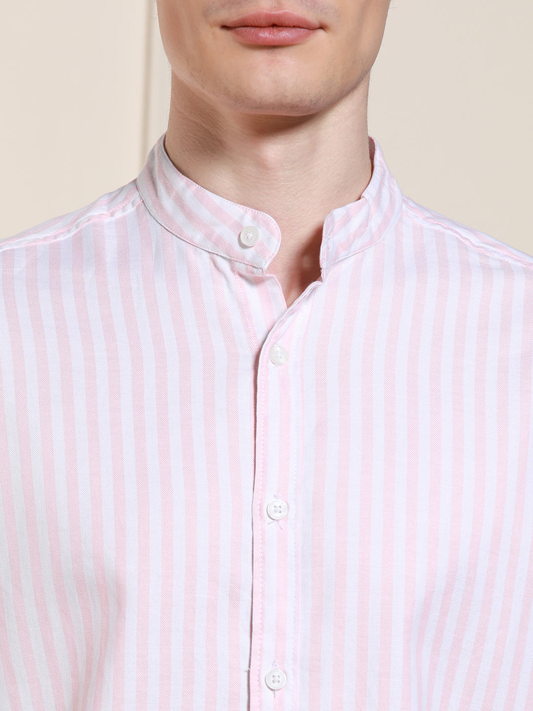 Men's Pink Cotton Striped Mandarin Collar Casual Shirt