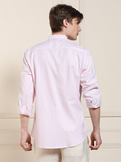 Men's Pink Cotton Striped Mandarin Collar Casual Shirt