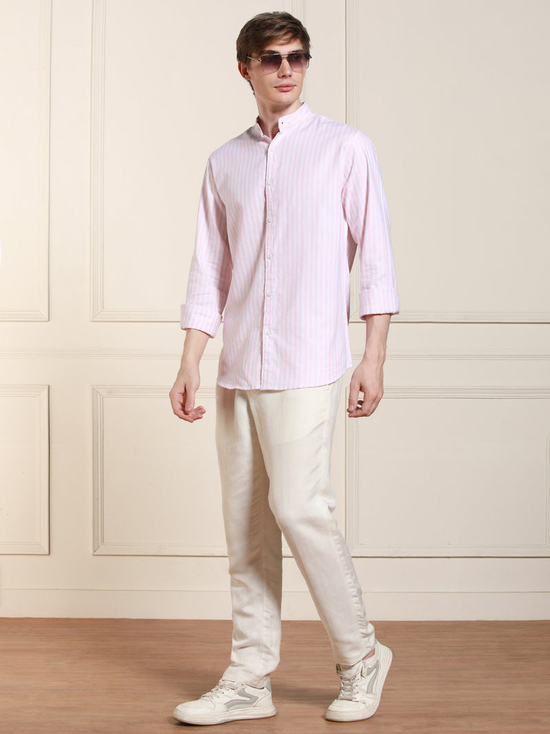 Men's Pink Cotton Striped Mandarin Collar Casual Shirt