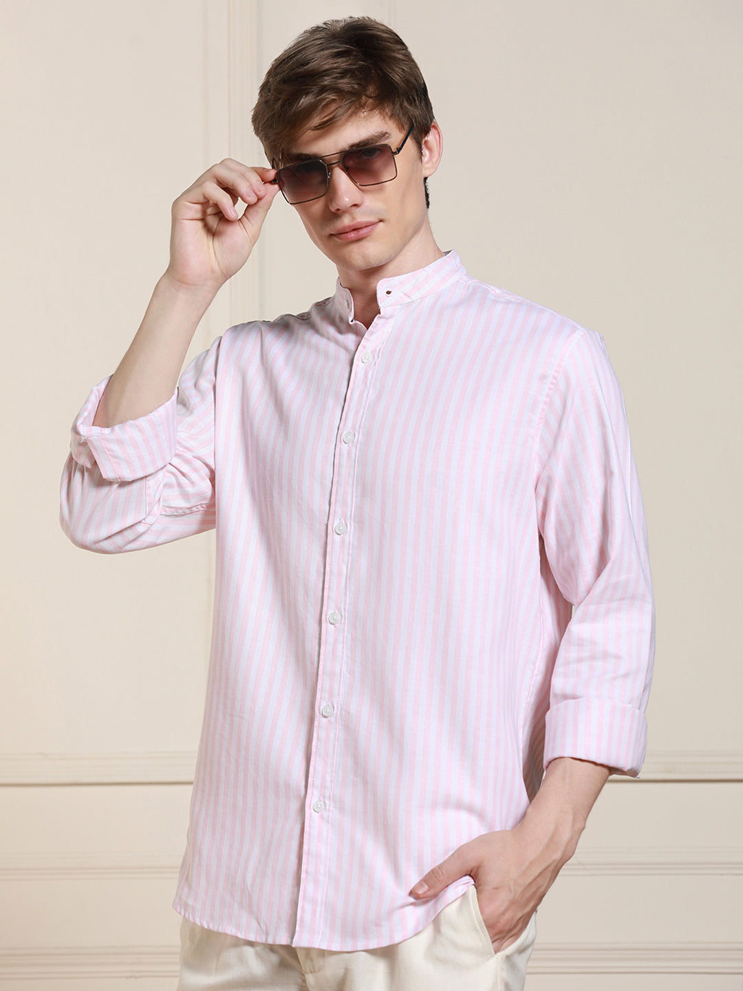 Men's Pink Cotton Striped Mandarin Collar Casual Shirt