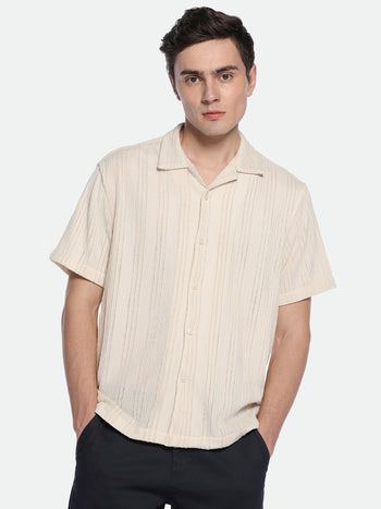 Men's Beige Textured Striped Cuban Collar Half Sleeves Seersucker Casual Shirt