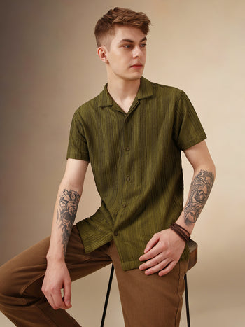 Men's Olive Textured Striped Cuban Collar Half Sleeves Seersucker Casual Shirt