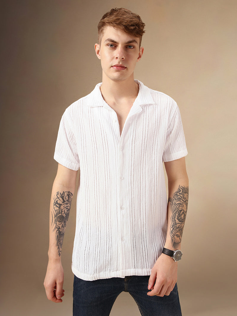 Men's White Textured Striped Cuban Collar Half Sleeves Seersucker Casual Shirt