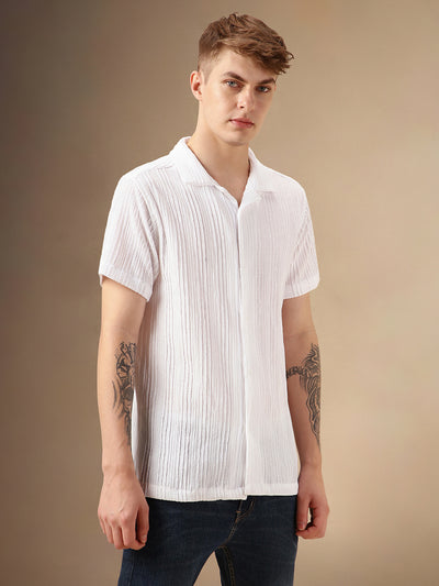 Men's White Textured Striped Cuban Collar Half Sleeves Seersucker Casual Shirt