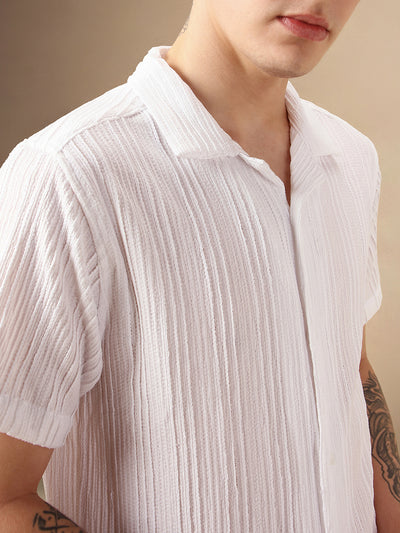 Men's White Textured Striped Cuban Collar Half Sleeves Seersucker Casual Shirt