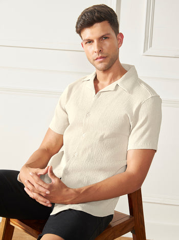 Men's Beige Cuban collar Textured Cotton Poly Casual Shirt