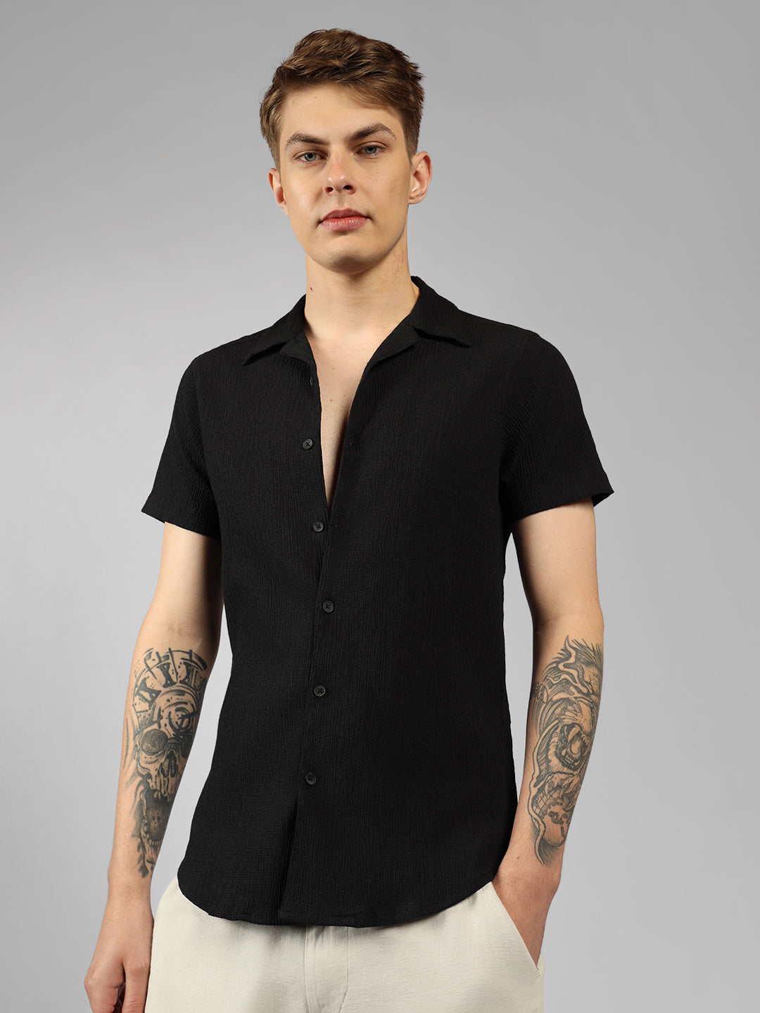 Men's Black Solid Textured Cuban Collar Half sleeves relaxed fit Shirt