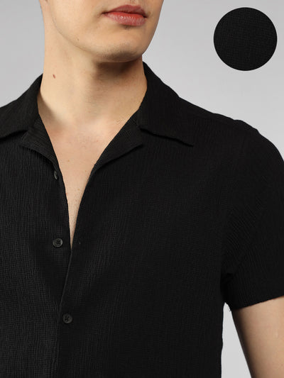 Men's Black Solid Textured Cuban Collar Half sleeves relaxed fit Shirt